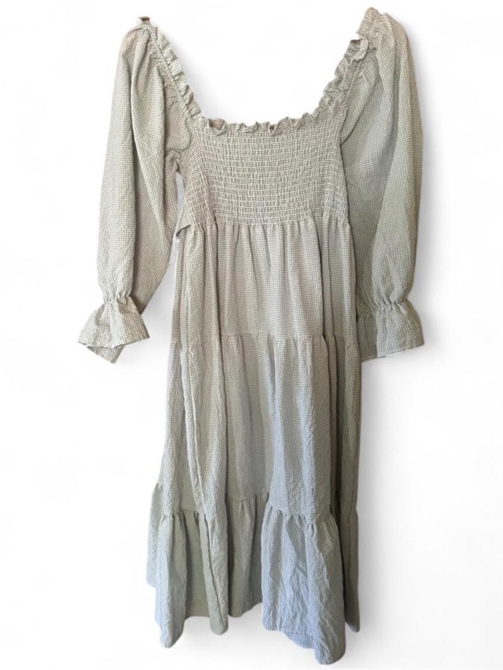 Smocked Square-Neck Midi Dress in Sage Green
